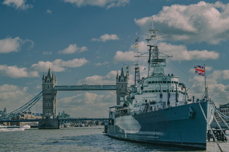 HMS Belfast on the River Thames by Tower Bridge, London, symbolising UK defence.