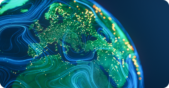 Connected data flows spanning a stylised globe